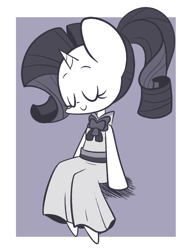 Size: 1094x1437 | Tagged: safe, artist:typhwosion, character:rarity, abstract background, alternate hairstyle, bow, clothing, cute, dress, eyes closed, female, ponytail, raribetes, semi-anthro, sitting, solo