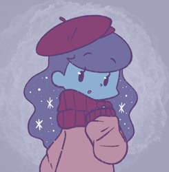 Size: 634x648 | Tagged: safe, artist:typhwosion, character:princess luna, species:human, :o, beady eyes, beret, blue background, clothing, cute, female, hat, humanized, looking at you, lunabetes, open mouth, scarf, solo, sweater