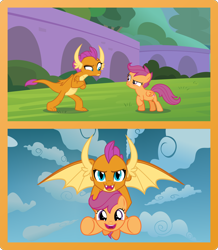 Size: 2058x2365 | Tagged: safe, artist:phucknuckl, character:scootaloo, character:smolder, species:pegasus, species:pony, cute, friendship, holding a pony, orange, scootaloo can fly, scootalove, show accurate, similarities, sky, wholesome