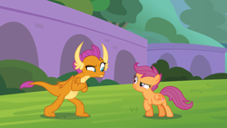 Size: 1920x1080 | Tagged: safe, artist:phucknuckl, character:scootaloo, character:smolder, species:dragon, species:pegasus, species:pony, dragoness, duo, fake screencap, female, filly, i can't believe it's not hasbro studios, looking at each other, orange, raised eyebrow, similarities, stare down