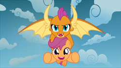 Size: 1920x1080 | Tagged: safe, artist:phucknuckl, character:scootaloo, character:smolder, species:dragon, species:pegasus, species:pony, carrying, cute, cutealoo, dragoness, duo, female, filly, flying, friendship, holding a pony, scootaloo can fly, scootalove, sky, uplifting, wholesome