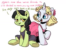 Size: 1600x1200 | Tagged: safe, artist:oofycolorful, species:pony, species:unicorn, episode:between dark and dawn, g4, my little pony: friendship is magic, broomhilda, chest fluff, clothing, dialogue, dress, duo, duo female, elphaba, female, glinda, glinda (character), leg fluff, mare, ponified, wicked