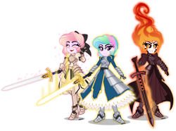 Size: 5000x3727 | Tagged: safe, artist:orin331, character:daybreaker, character:princess celestia, my little pony:equestria girls, anime, armor, artoria pendragon, excalibur, excalibur morgan, fate/grand order, fate/stay night, female, pink-mane celestia, pinklestia, saber, saber alter, saber lily, self paradox, simple background, sword, transparent background, trio, weapon, young celestia
