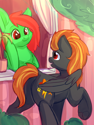 Size: 3000x4000 | Tagged: safe, artist:alphadesu, oc, oc only, oc:digidash, oc:watermelon frenzy, species:pegasus, species:pony, bush, curtain, hooves, looking at each other, male, plant, smiling, trap, tree, window, wings