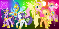 Size: 1500x750 | Tagged: safe, artist:equestria-prevails, artist:morningstar-1337, character:applejack, character:fluttershy, character:pinkie pie, character:rainbow dash, character:rarity, character:twilight sparkle, character:twilight sparkle (unicorn), species:earth pony, species:pegasus, species:pony, species:unicorn, abstract background, armor, element of generosity, element of honesty, element of kindness, element of laughter, element of loyalty, element of magic, elements of harmony, female, helmet, hoof shoes, mane six, mare, rainbow background