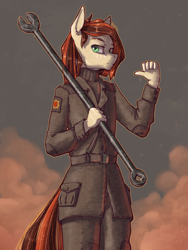 Size: 1500x2000 | Tagged: safe, artist:madhotaru, oc, oc only, species:anthro, chevron, clothing, cloud, male, solo, steam, uniform, wrench