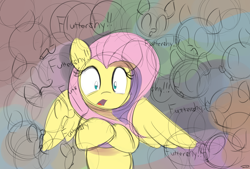 Size: 3496x2362 | Tagged: safe, artist:taurson, character:fluttershy, species:pegasus, species:pony, anxiety, colored sketch, crowd, dialogue, female, mare, surrounded, wide eyes, wings