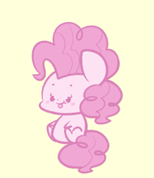 Size: 581x671 | Tagged: safe, artist:typhwosion, character:pinkie pie, species:earth pony, species:pony, beady eyes, blep, blushing, chibi, cute, diapinkes, female, simple background, sitting, solo, tongue out, yellow background