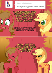 Size: 1148x1602 | Tagged: safe, artist:ladyanidraws, character:applejack, oc, oc:pun, species:earth pony, species:pony, ask pun, ask, comic, duo, duo female, female, mare, mouth hold, paint