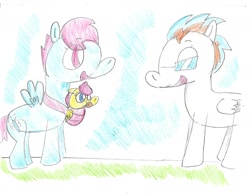 Size: 1854x1454 | Tagged: safe, artist:ptitemouette, oc, oc:apple chips, oc:butterfly, oc:sun ray, parent:cloudchaser, parent:fire streak, parent:fluttershy, parent:oc:apple diamond, parent:oc:butterfly, parent:rainbow dash, parents:flutterdash, parents:oc x oc, species:pony, baby, baby carrier, baby pony, female, magical lesbian spawn, mother and daughter, offspring, traditional art