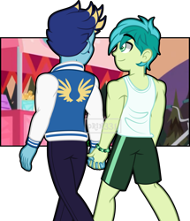Size: 4307x5014 | Tagged: safe, artist:orin331, character:gallus, character:sandbar, species:human, ship:gallbar, my little pony:equestria girls, bracelet, clothing, equestria girls-ified, gay, gym shorts, holding hands, jacket, jeans, jewelry, legs, looking at each other, male, pants, shipping, shorts, simple background, sleeveless, smiling, tank top, transparent background