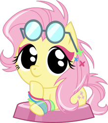 Size: 2729x3098 | Tagged: safe, artist:phucknuckl, character:fluttershy, species:pegasus, species:pony, 80s, alternate hairstyle, bracelet, chibi, cute, eyeshadow, female, glasses, glasses off, hair ornament, hoof on chin, hoofgazer fluttershy, jewelry, looking at you, makeup, mare, my little pocket ponies, neon bracelet, no pupils, pocket ponies, retro, shyabetes, simple background, smiling, solo, three quarter view, transparent background, wristband