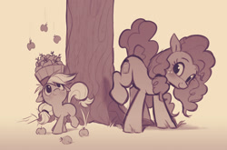 Size: 1636x1080 | Tagged: safe, artist:imalou, character:applejack, character:pear butter, species:earth pony, species:pony, g4, apple, applebucking, balancing, cute, duo, female, filly, filly applejack, food, freckles, jackabetes, mare, monochrome, mother and daughter, pearabetes, tree, younger