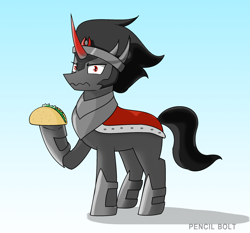 Size: 2116x1976 | Tagged: safe, artist:pencil bolt, character:king sombra, species:pony, species:unicorn, armor, dark, food, looking at you, male, taco