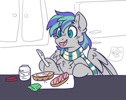 Size: 3329x2647 | Tagged: safe, artist:ruef, oc, oc only, oc:storm feather, species:pegasus, species:pony, chest fluff, clothing, food, hoof hold, jar, male, open mouth, refrigerator, sandwich, scarf, smiling, solo, stallion