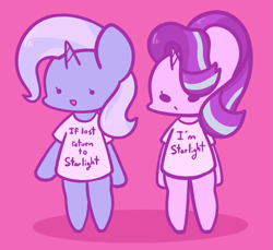 Size: 769x704 | Tagged: safe, artist:typhwosion, character:starlight glimmer, character:trixie, species:pony, species:unicorn, bipedal, clothing, if lost return to shirt, pink background, shirt, simple background
