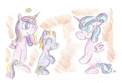 Size: 1794x1220 | Tagged: safe, artist:ptitemouette, character:princess cadance, character:princess flurry heart, oc, oc:eclipse, parent:oc:ballon frost cake, parent:oc:snowdrop, parents:oc x oc, species:pony, crying, female, ghost, halo, mother and daughter, offspring, traditional art