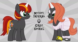 Size: 1600x873 | Tagged: safe, artist:evilfrenzy, oc, oc only, oc:mysti inferno, species:pony, species:unicorn, bracelet, clothing, crossdressing, cutie mark, different colored horn, dress, femboy, frilly dress, frilly socks, gem, gray coat, jewelry, lipstick, makeup, male, shoes, show accurate, socks, solo, white horn