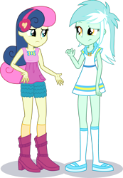 Size: 1964x2845 | Tagged: safe, artist:phucknuckl, edit, character:bon bon, character:lyra heartstrings, character:sweetie drops, my little pony:equestria girls, accessories, accessory swap, belt, boots, bow, bow tie, closed mouth, clothes swap, clothing, cutie mark, cutie mark clothes, dress, female, headband, jewelry, looking at each other, necklace, pants, pocket, shadow, shirt, shoes, shorts, simple background, socks, standing, standing up, top, transparent background, vector, vector edit, woman