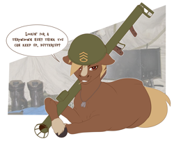 Size: 4750x3850 | Tagged: safe, artist:amaraburrger, derpibooru original, species:earth pony, species:pony, army, army helmet, clothing, dialogue, female, grin, helmet, hoers, looking at you, mare, military, prone, rocket launcher, sergeant reckless, smiling, soldier, solo, speech bubble, taunting, teasing, toothpick, uniform, unshorn fetlocks, warpone