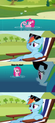 Size: 1280x2880 | Tagged: safe, artist:dtkraus, edit, screencap, character:pinkie pie, character:rainbow dash, species:sea pony, episode:too many pinkie pies, g4, my little pony: friendship is magic, beach chair, comic, seaponified, seapony pinkie pie, shoo be doo, species swap, sunglasses