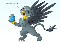 Size: 2432x1752 | Tagged: safe, artist:pencil bolt, character:gabby, parent:gabby, parent:gallus, parents:gabbus, species:griffon, bipedal, egg, eyes closed, female, griffon egg, hand, implied gabbus, implied gallus, implied shipping, implied straight, male, simple background, smiling, solo, standing, white background, wings