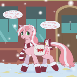 Size: 1280x1280 | Tagged: safe, artist:redintravenous, oc, oc only, oc:red ribbon, episode:hearth's warming eve, g4, my little pony: friendship is magic, bow, clothing, freckles, mittens, saddle bag, scarf, snow, snowfall, solo, speech, tumblr, winter coat