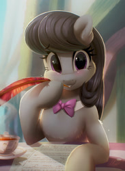 Size: 2197x3000 | Tagged: safe, artist:light262, character:octavia melody, species:earth pony, species:pony, anatomically incorrect, beautiful, blushing, bow tie, chest fluff, commission, cute, dawwww, female, food, hoof hold, human shoulders, looking at you, mare, quill, smiling, solo, tavibetes, tea