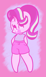 Size: 605x1012 | Tagged: safe, artist:typhwosion, character:starlight glimmer, species:anthro, species:pony, species:unicorn, abstract background, bubblegum, clothing, cute, female, food, glimmerbetes, gum, shorts, solo