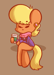 Size: 775x1069 | Tagged: safe, artist:typhwosion, character:ms. harshwhinny, species:pony, beanbrows, brown background, chibi, coffee mug, crossed legs, cute, ear piercing, earring, eyebrows, female, hoof hold, jewelry, ms. cutewhinny, mug, piercing, simple background, solo