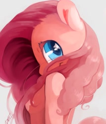 Size: 841x982 | Tagged: safe, artist:dhui, character:pinkie pie, species:anthro, aside glance, bust, colored pupils, cute, female, looking at you, looking back, looking sideways, portrait, signature, simple background, smiling, solo, starry eyes, white background, wingding eyes