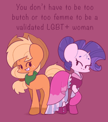 Size: 1064x1201 | Tagged: safe, artist:typhwosion, character:applejack, character:rarity, species:earth pony, species:pony, species:unicorn, ship:rarijack, alternate hairstyle, bandana, clothing, cute, dress, female, freckles, gloves, hoof shoes, lesbian, lgbt, mare, pink background, positive ponies, pride, raised hoof, shipping, simple background