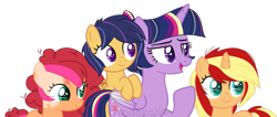 Size: 1373x581 | Tagged: safe, artist:ipandacakes, base used, character:twilight sparkle, character:twilight sparkle (alicorn), oc, oc:apple spritz, oc:chimi cherry cheesecake, oc:nova star sparkle, parent:applejack, parent:cheese sandwich, parent:flash sentry, parent:flim, parent:pinkie pie, parent:twilight sparkle, parents:cheesepie, parents:flashlight, parents:flimjack, species:alicorn, species:earth pony, species:pegasus, species:pony, species:unicorn, female, filly, offspring, simple background, transparent background