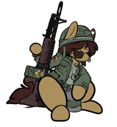Size: 498x539 | Tagged: safe, artist:cantershirecommons, oc, oc only, oc:timeline, species:pony, army helmet, cigarette, clothing, costume, dog tags, gun, helmet, long sleeves, m60, machine gun, male, military uniform, nightmare night costume, simple background, sitting, solo, stallion, tired, transparent background, weapon