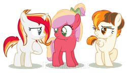 Size: 1149x659 | Tagged: safe, artist:ipandacakes, oc, oc only, oc:fire starter, oc:gala blossom, oc:solar flare, parent:big macintosh, parent:cheerilee, parent:fast clip, parent:fire streak, parent:spitfire, parent:sunset shimmer, parents:cheerimac, parents:sunsetstreak, species:earth pony, species:pegasus, species:pony, species:unicorn, bow, female, filly, hair bow, offspring, simple background, transparent background