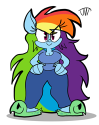 Size: 2243x2827 | Tagged: safe, artist:joeywaggoner, character:rainbow dash, character:tank, species:anthro, species:pegasus, species:pony, big breasts, breasts, busty rainbow dash, cleavage, clothing, commission, eye clipping through hair, female, hand on hip, looking at you, never doubt blaa6 involvement, slippers, solo, tank slippers