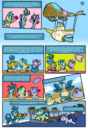 Size: 2008x2926 | Tagged: safe, artist:joeywaggoner, character:gallus, character:november rain, character:sandbar, species:earth pony, species:griffon, species:pony, species:unicorn, airship, bread, cake, carrot, carrot dog, comic, cookie, corn, cupcake, dumbbell (object), exercise, fat, flabbus, food, fork, friendship student, glowing horn, horn, magic, pie, push-ups, salad, taco, telekinesis, tickets, weight gain, weight loss, zeppelin