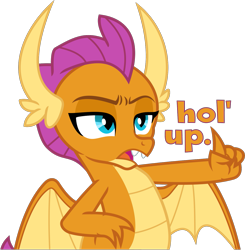 Size: 1427x1457 | Tagged: safe, artist:phucknuckl, character:smolder, species:dragon, episode:what lies beneath, g4, my little pony: friendship is magic, dialogue, dragoness, female, hol up, reaction image, simple background, solo, transparent background, vector