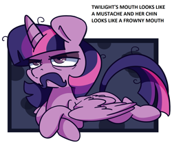 Size: 1497x1271 | Tagged: safe, artist:lou, edit, character:twilight sparkle, character:twilight sparkle (alicorn), species:alicorn, species:pony, :c, >:c, angry, cute, edit of an edit of an edit, edited edit, facial hair, female, frown, grumpy, grumpy twilight, madorable, moustache, solo, text
