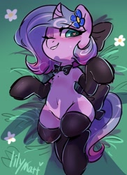 Size: 1600x2200 | Tagged: safe, artist:oofycolorful, oc, oc only, oc:lily matt, species:pony, species:unicorn, black socks, blushing, bow, clothing, female, flower, flower in hair, flower on ear, grass, hair bow, heart eyes, mare, one eye closed, semi-anthro, shadow, socks, solo, stockings, tail bow, thigh highs, wingding eyes, wink