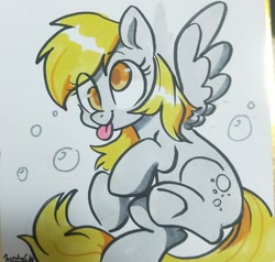 Size: 2048x1946 | Tagged: safe, artist:oofycolorful, character:derpy hooves, species:pegasus, species:pony, blep, bubble, colored pupils, cute, derpabetes, female, mare, mlem, silly, simple background, smiling, tongue out, traditional art, white background
