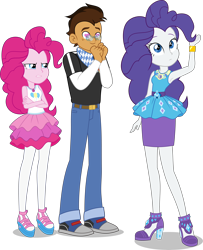 Size: 4868x6000 | Tagged: safe, artist:limedazzle, commissioner:imperfectxiii, character:pinkie pie, character:rarity, oc, oc:copper plume, episode:do it for the ponygram!, g4, my little pony: equestria girls, my little pony:equestria girls, spoiler:eqg series (season 2), alternate hairstyle, armpits, belt, bracelet, canon x oc, clothing, commission, converse, copperity, copperpie, female, freckles, geode of shielding, geode of sugar bombs, glasses, heart eyes, high heels, jewelry, legs, magical geodes, male, miniskirt, neckerchief, pants, pantyhose, pencil skirt, pinkie pie hair, pinkity, shipping, shirt, shoes, simple background, skirt, sneakers, straight, transparent background, wingding eyes