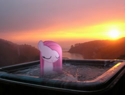 Size: 810x617 | Tagged: safe, artist:kuren247, character:pinkamena diane pie, character:pinkie pie, hot tub, ponies in real life, sunset