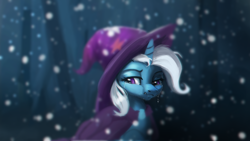 Size: 1920x1080 | Tagged: safe, artist:hierozaki, character:trixie, species:pony, species:unicorn, cape, clothing, crying, female, hat, mare, sad, snow, snowfall, solo, trixie's cape, trixie's hat