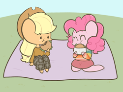 Size: 1280x965 | Tagged: safe, artist:typhwosion, character:applejack, character:pinkie pie, ship:applepie, 80s, burger, chibi, cute, date, diapinkes, eating, female, food, hamburger, jackabetes, lesbian, picnic, romantic, shipping