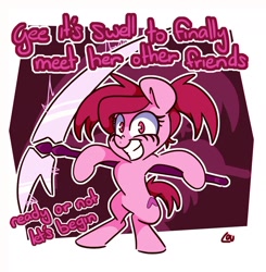 Size: 1500x1533 | Tagged: safe, artist:lou, species:pony, spoilers for another series, bipedal, dialogue, evil grin, grin, pink, ponified, scythe, smiling, solo, spinel (steven universe), steven universe, steven universe: the movie