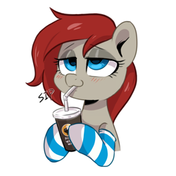 Size: 2000x2000 | Tagged: safe, artist:oofycolorful, oc, oc only, oc:ponepony, species:pony, blushing, buffalo wild wings, clothing, sipping, socks, solo, striped socks