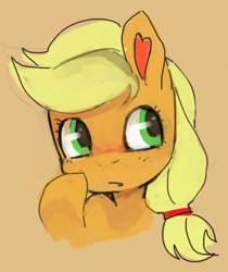 Size: 689x822 | Tagged: dead source, safe, artist:dhui, character:applejack, blushing, female, hairtie, looking sideways, mane, solo