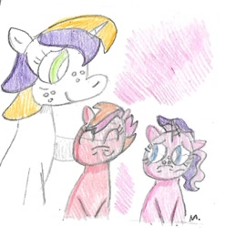 Size: 903x915 | Tagged: safe, artist:ptitemouette, oc, oc:diamond seed, oc:pink lady, oc:pomme de pin, parent:applejack, parent:oc:bow tie, parent:oc:pomme de pin, parent:rarity, parents:oc x oc, parents:rarijack, species:pony, female, magical lesbian spawn, mother and daughter, offspring, siblings, sisters, traditional art