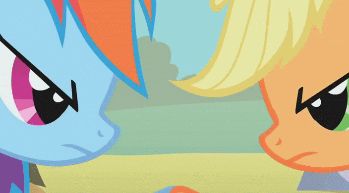 Size: 704x390 | Tagged: safe, artist:dtkraus, edit, edited screencap, screencap, character:applejack, character:rainbow dash, ship:appledash, episode:fall weather friends, g4, my little pony: friendship is magic, angry, animated, blushing, bust, close-up, female, lesbian, licking, looking at each other, open mouth, portrait, shipping, smiling, tasting, tongue out